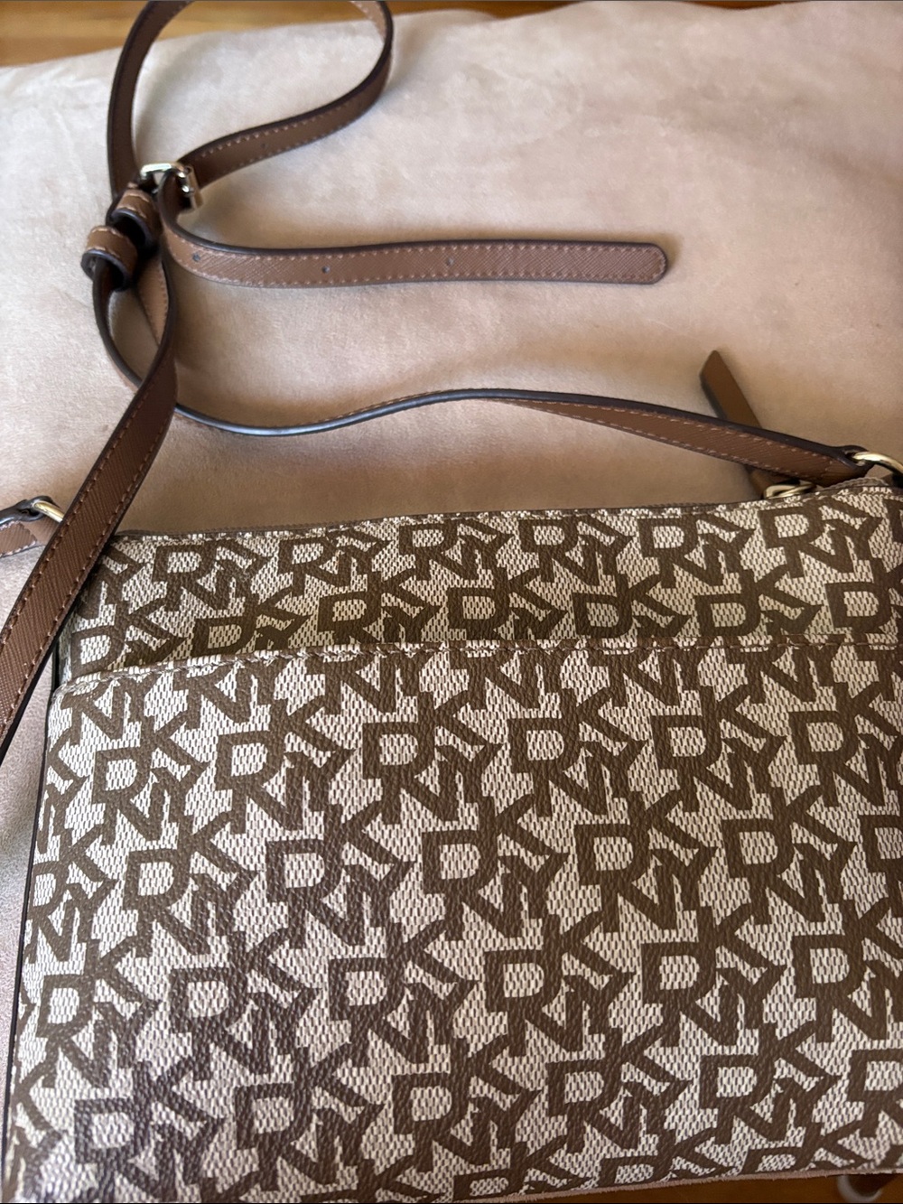Designer-Inspired Taupe Logo Crossbody Bag/ DKNY